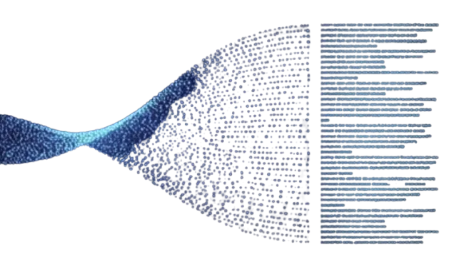 Abstract blue data stream expanding and transforming into structured lines of text or code.