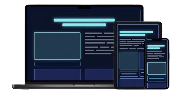 Responsive website design shown on laptop, tablet, and smartphone screens.